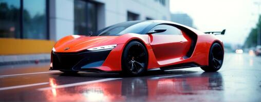 An orange sports car is parked on a wet street photo