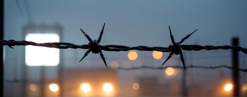 A barbed wire fence with lights in the background photo