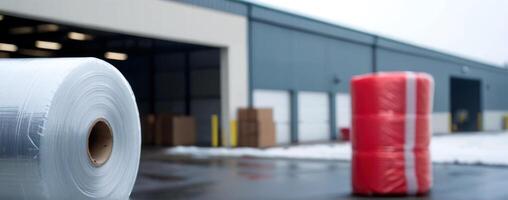 A roll of plastic wrap in front of an industrial building photo