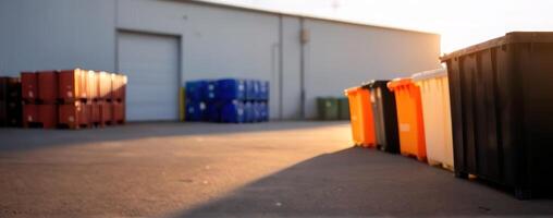 A group of trash cans lined up in front of an industrial building photo