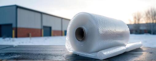 A roll of bubble wrap sitting on top of an industrial building photo