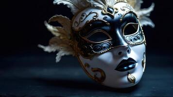 Black and white venetian mask on a dark background photo