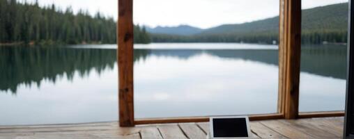 An ipad sitting on a wooden deck overlooking the lake photo