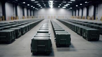 A large warehouse with rows of green crates photo
