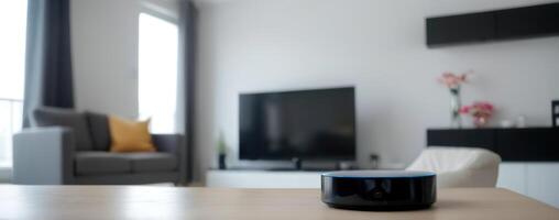An amazon echo dot sits on a table in the living room photo