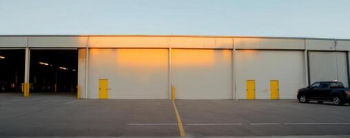 A car is parked in front of an industrial building photo