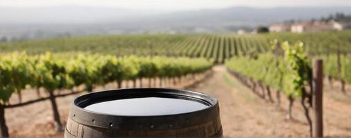 A barrel of wine in front of vineyards photo