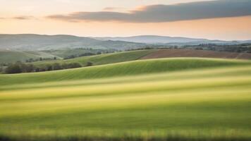 A blurry image of green fields at sunset photo