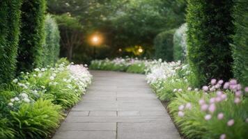 A pathway lined with green hedges and pink flowers photo