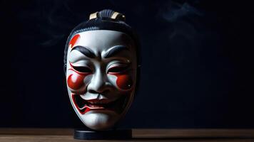 A japanese mask with smoke coming out of it photo