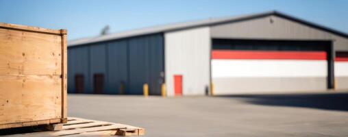 A wooden crate sits in front of an industrial building photo