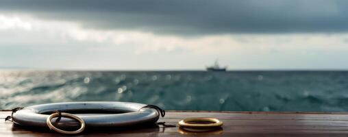 Life ring on a wooden table photo
