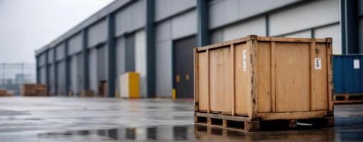A wooden crate sits in front of an industrial warehouse photo