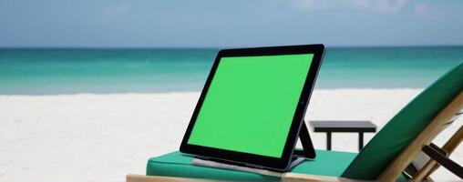 A green screen tablet computer on the beach photo