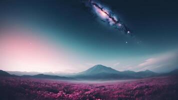 An image of a purple field with mountains and the milky way in the background photo