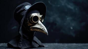 A black plague mask with goggles and hat photo
