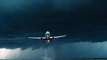 An airplane is flying under a stormy sky photo