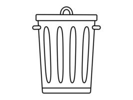 Hand drawn cute outline illustration of big garbage can with lid. Flat trash bin, environmental pollution design in line art doodle style. Ecology sticker, icon. Rubbish disposal. Isolated. vector