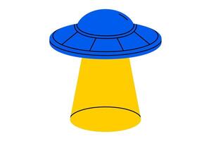 Hand drawn cute cartoon illustration UFO with light ray. Flat alien space ship doodle. Futuristic flying saucer. Unidentified flying object. System error 404 icon. Not found mistake. Isolated. vector