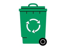 Hand drawn cute cartoon illustration of green garbage can with wheel. Flat recycling trash bin, environmental pollution design in doodle style. Ecology sticker, icon. Waste sorting. Isolated. vector