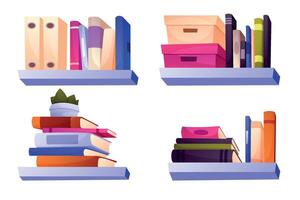 Bookcase shelf with stack of colorful books. isolated on white cartoon illustration set. Home library concept. vector