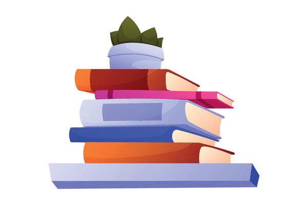 Stack of colorful books and plant in a pot. isolated cartoon illustration, interior design element.