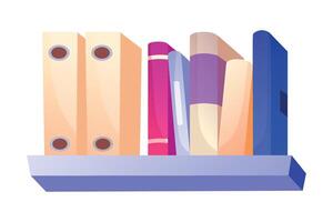 Bookcase shelf with stack of colorful books. isolated on white cartoon illustration. Home library concept. vector