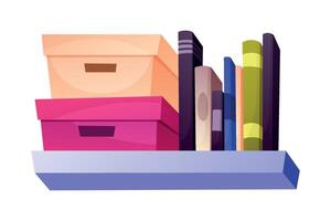 Bookcase shelf with stack of colorful books and boxes. isolated on white cartoon illustration. Home library concept. vector
