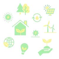 Energy sources. Flat set of icons related to renewable energy sources in yellow and green colors. vector