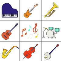 Basic blues instruments. Color set of musical instruments with outline. vector