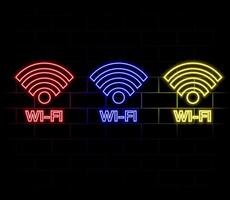 WiFi symbols neon effect dark background. Waves Wi Fi signal icon. Internet connection modern technology. Design web page billboard banner. illustration. vector