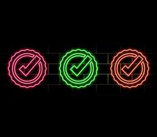 Check mark round neon sign. check mark in circle on dark blue brick background. illustration for checklist, forms, sites vector