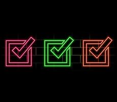 Bright neon sign, check marks, icons round shape isolated on wall background. Neon green check mark and red cross. Accept and reject. Right and wrong. vector