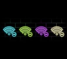 Set of neon wi-fi symbol icons in four different colours isolated on black background. Connection, internet, web, wifi concept. Night signboard style. 10 EPS illustration. vector