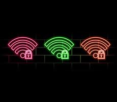 Glowing blue neon wireless illustration sign. Wireless and wifi icon or sign for remote internet access. Signal symbol. Wi-Fi wireless internet signal flat icon for apps vector