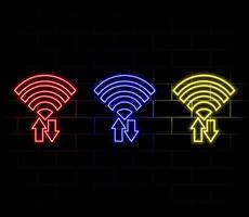 Wifi symbol icon, wireless network digital innovation concept, free internet zone symbol, futuristic technology with blue neon glow in the sky clouds, Wi Fi business connect background vector