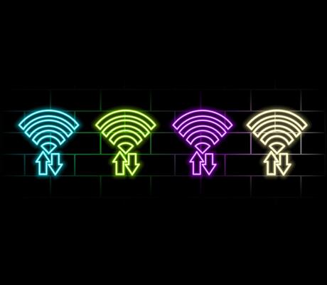 Glowing Blue Neon Light Wi-Fi Wireless Icon. Low Poly 3D Design and Wireframe Network Structure. Internet Illustration