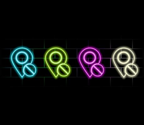 Glowing neon line Map pin icon isolated on black background. Navigation, pointer, location, map, gps, direction, place, compass, search concept. Illustration