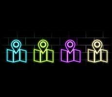 A set of neon card pin code icons. Marking the GPS navigator geotag on the map. vector