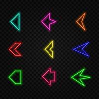 Neon right arrows colourful icons set. Realistic glowing pointers on transparent background. Location indicator for casino, bar, cinema, nightclub and motel, isolated symbol pack.18 vector