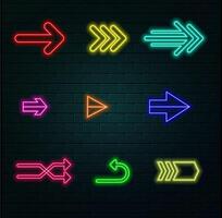 Glowing neon arrow pointer in gold color on a dark brick wall background. vector