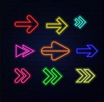 Neon right arrows colourful icons set. Realistic glowing pointers on transparent background. Location indicator for casino, bar, cinema, nightclub and motel, isolated symbol pack. vector
