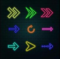 Neon arrow pointing at a black background on a glossy floor vector