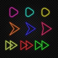 Bright neon right arrows on a black background. 3D rendering of glowing neon arrows on a black background. Flashing direction indicators.9 vector
