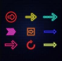 Outline bended neon arrow icon set. Glowing neon curved arrow pointer, bent arrowhead sign. Rounded arrow, turning cursor, bended navigation pointer, rotate motion direction. icon set vector