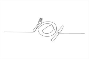 continuous line illustration of fork, plate, knife vector