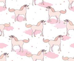 Seamless pink pattern with unicorns on clouds. Endless background for textiles, notepads, cards and children's birthdays. Stock cute texture. vector