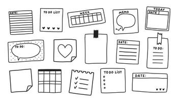 Sticky note set. Memo doodle. Blank square sheets of notepaper. A variety of paper stickers. Hand drawn isolated vector