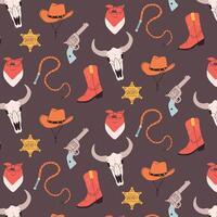 Wild west seamless pattern in hand drawn style. Pattern with a revolver, cowboy hat, boots, whip and bull skull. illustration. vector