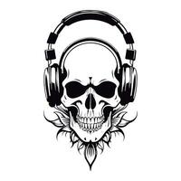 Awesome black and white outline etching on a skull wearing a headphone vector